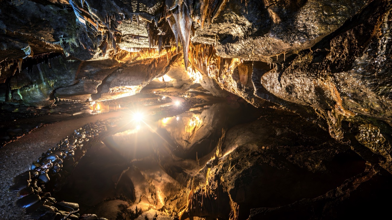 Floodlit stalactites reflected in a mirror-still underground pool at Marble Arch Caves