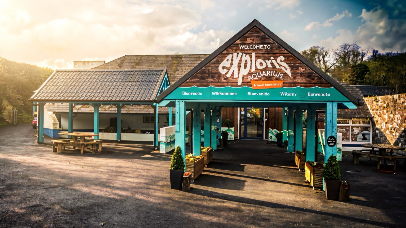 The teal timber entrance canopy of Exploris Aquarium in Portaferry
