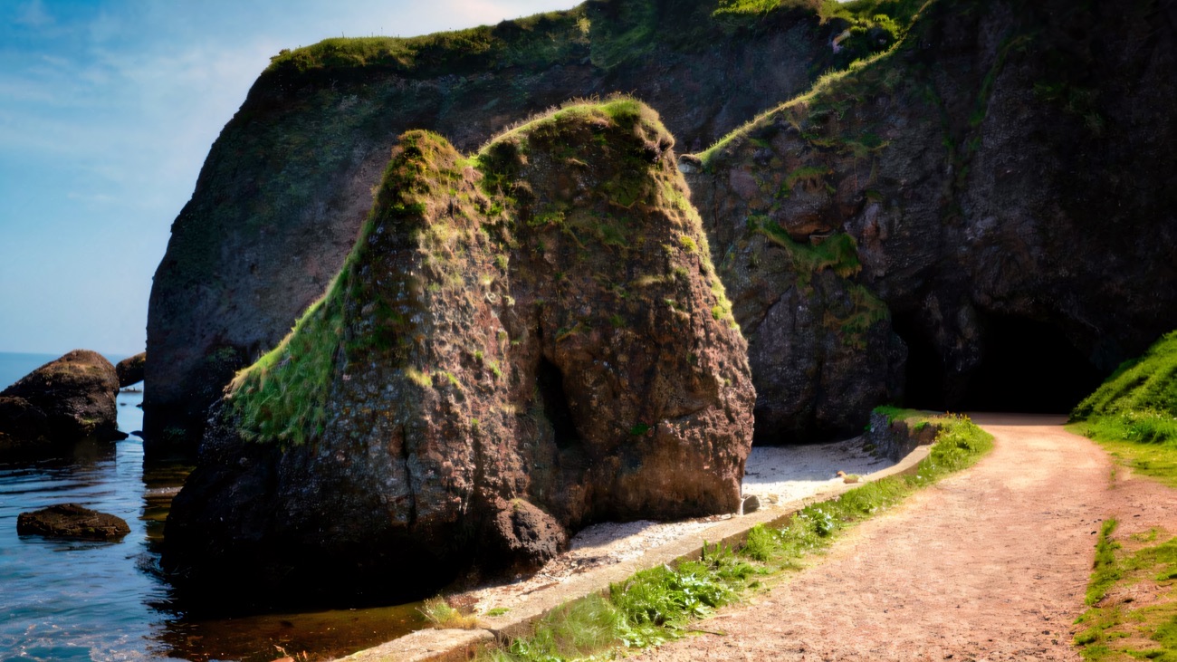 The red rock and shore path beside the Cushendun Caves