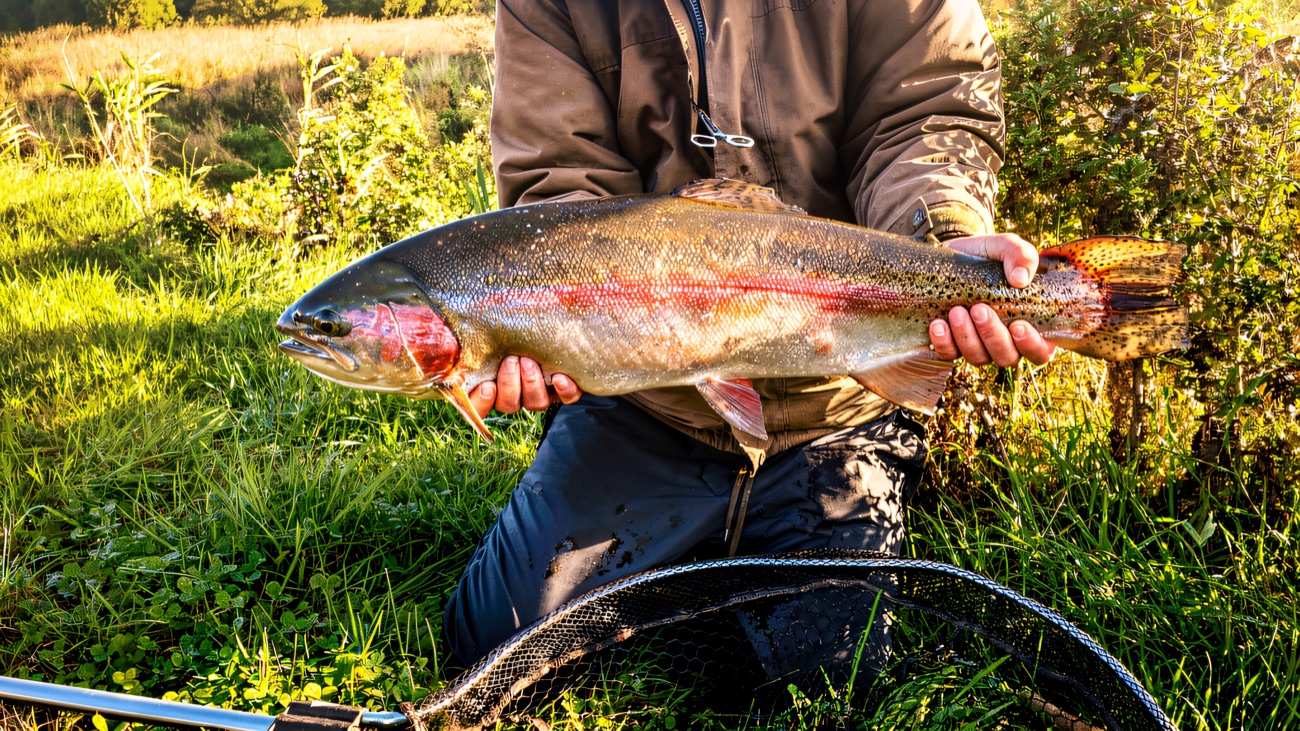 An angler holds up a fine rainbow trout beside the bank, landing net at the ready