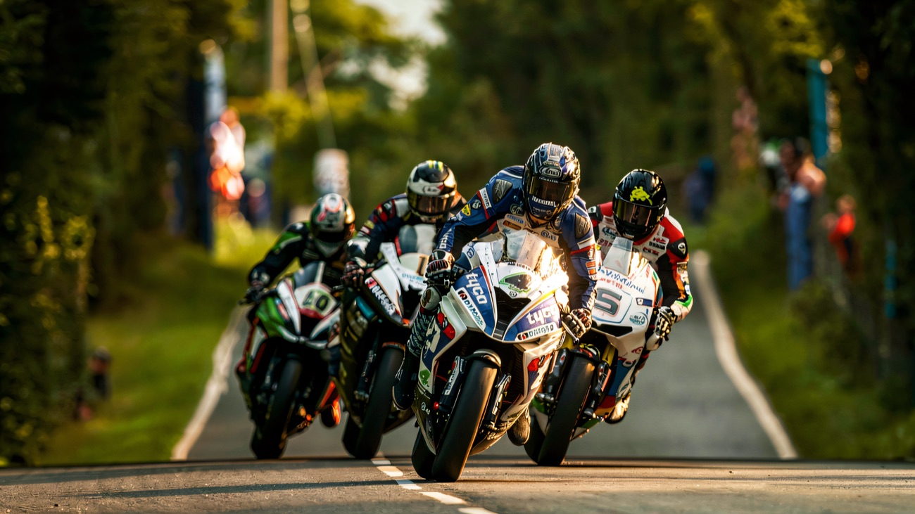 Superbikes racing at speed on a Northern Ireland road circuit