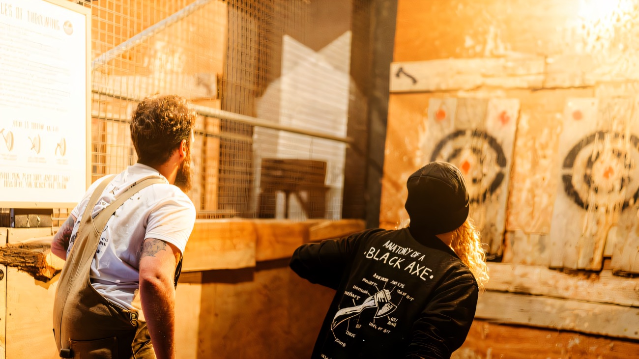 An instructor coaching a thrower at the wooden target boards