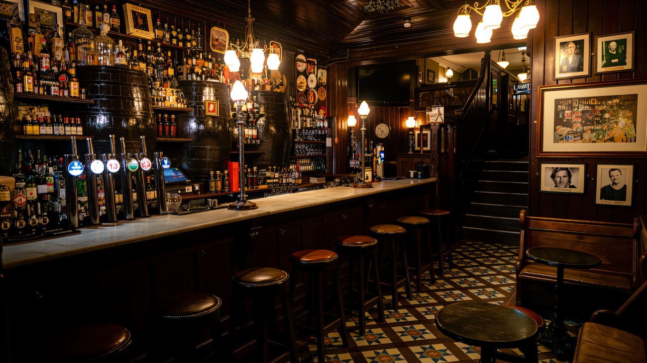 The original Victorian bar, with its mosaic tiled floor and dark timber panelling