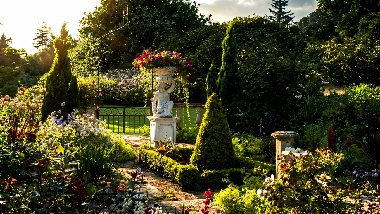 The estate's formal garden with a stone statue and flower borders in bloom