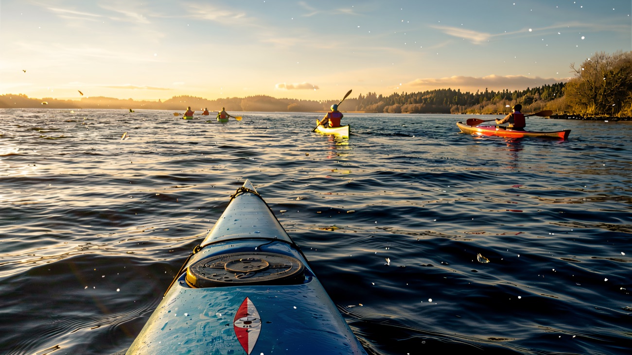 Paddle's-eye view of the fleet spreading out over the still water
