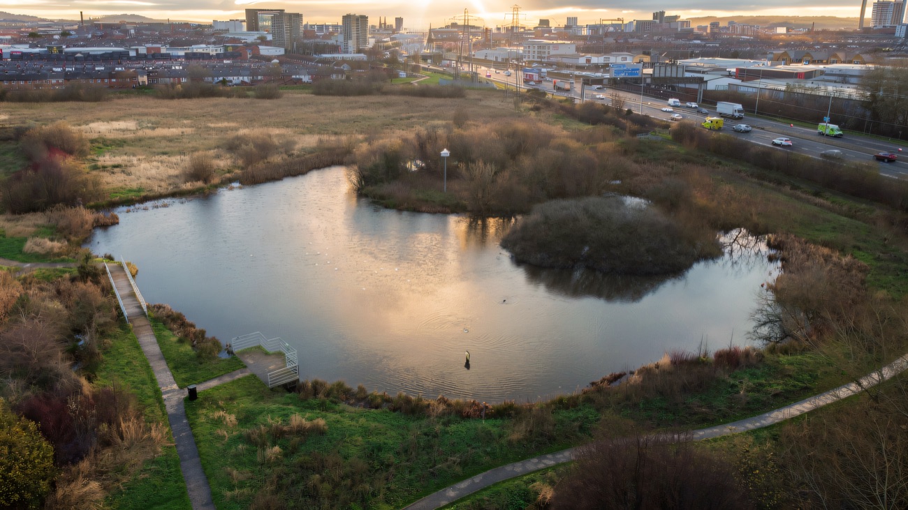 An aerial view of the main pond and its island, ringed by paths with the Belfast skyline beyond