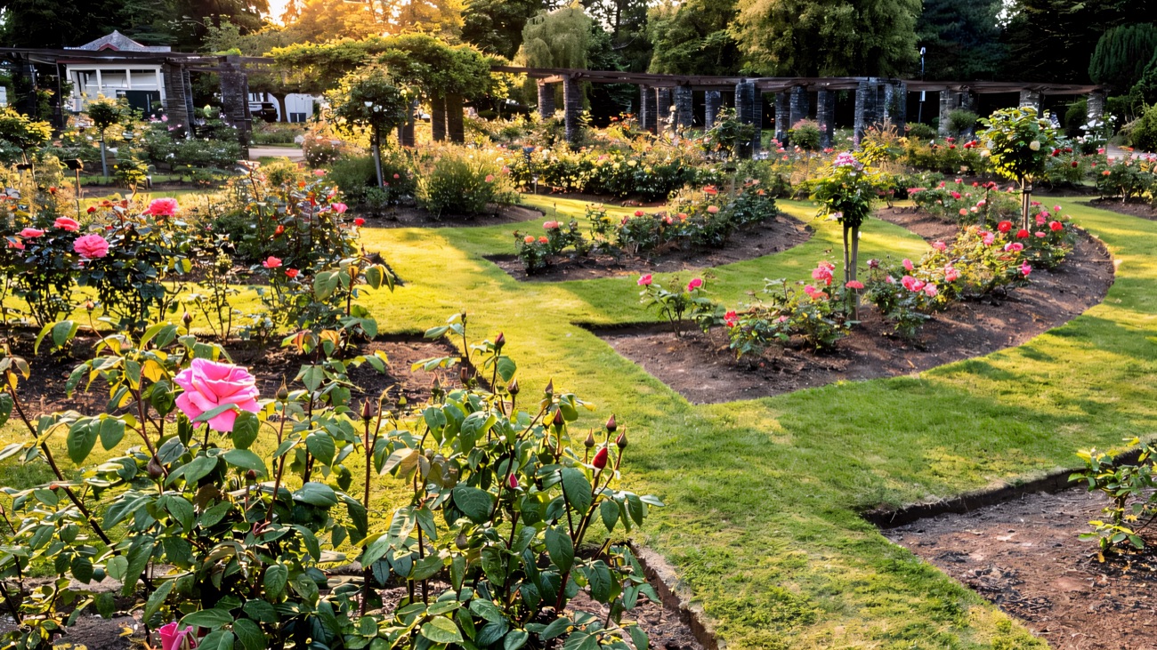 The rose garden in bloom with curved beds, a stone pergola and green lawns