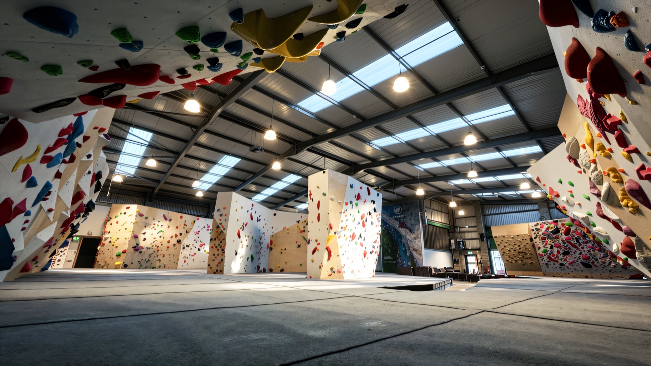 The main bouldering hall, with angled walls and colourful holds under a bright roof