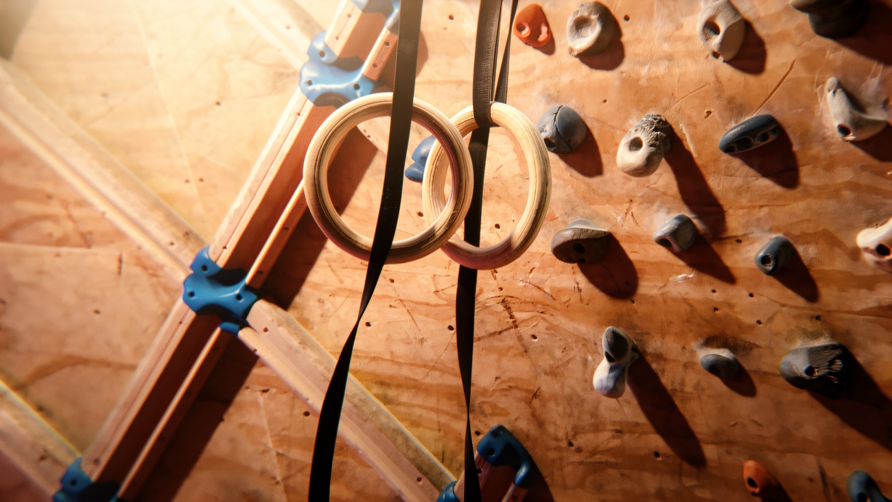 A wooden training board fitted with gymnastic rings and small holds