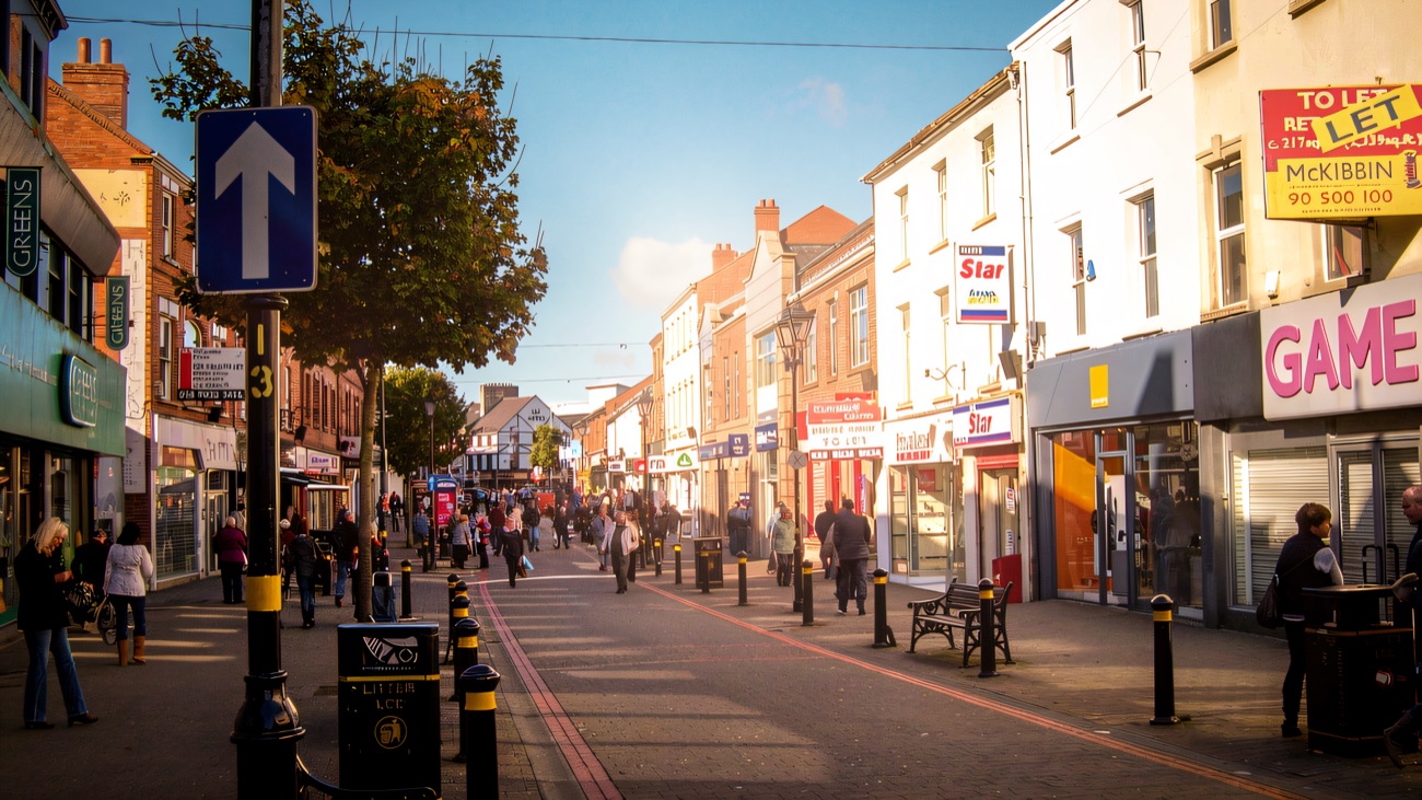 Shoppers on the pedestrianised stretch of Bow Street, the main shopping street running from the mall's front door through Lisburn city centre