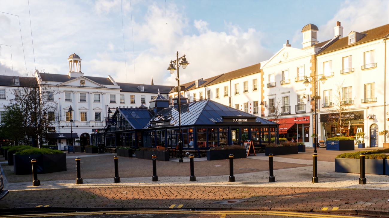 Lisburn Square, the open-air square of shops and cafés around the glass-roofed Glasshouse, a short walk from Bow Street Mall