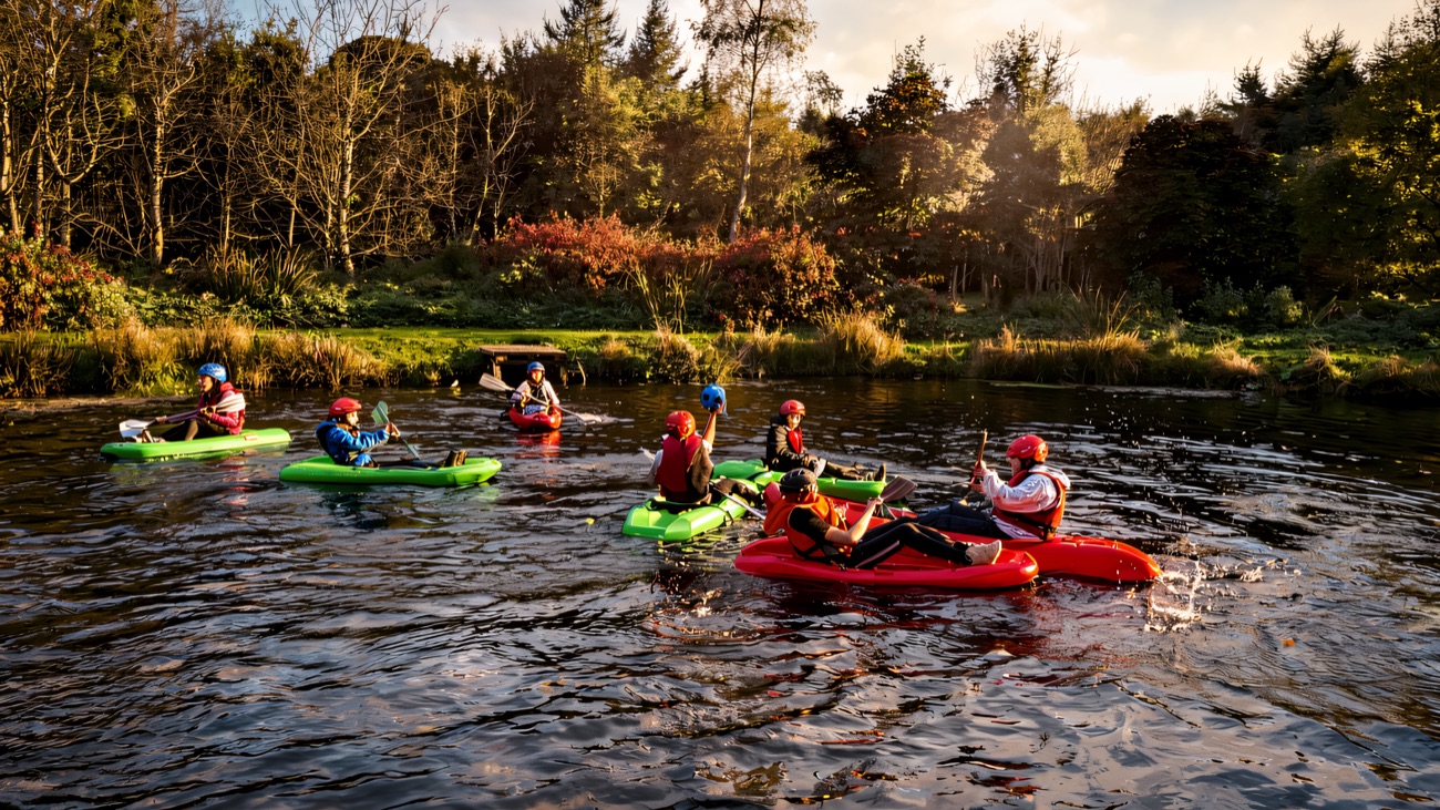 Bright kayaks and sit-on boats out on the lake with autumn trees behind