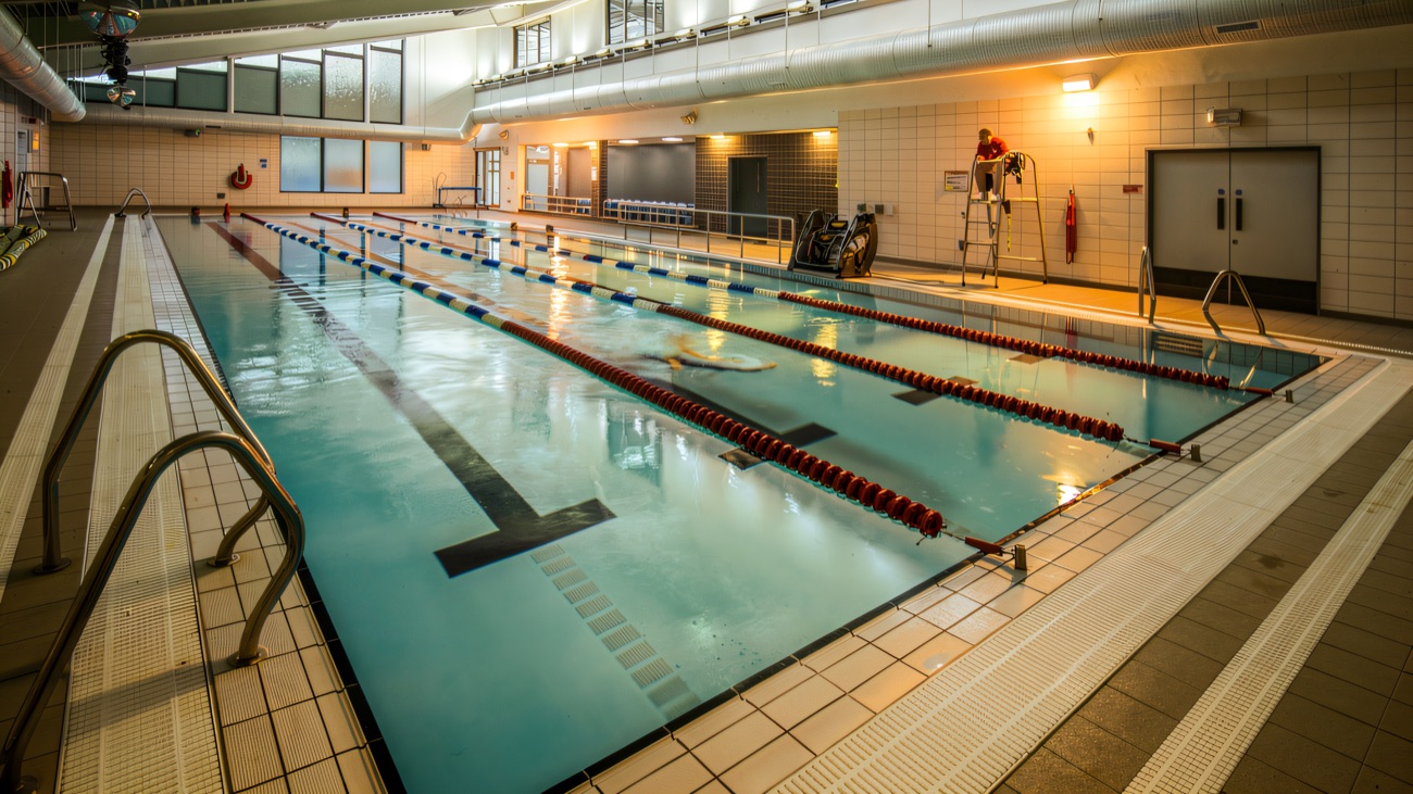 The main lane pool with its blue lane ropes and poolside seating