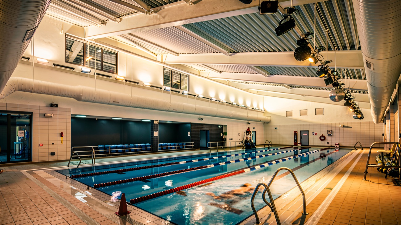 The pool hall from the far corner, with spectator seating along the side