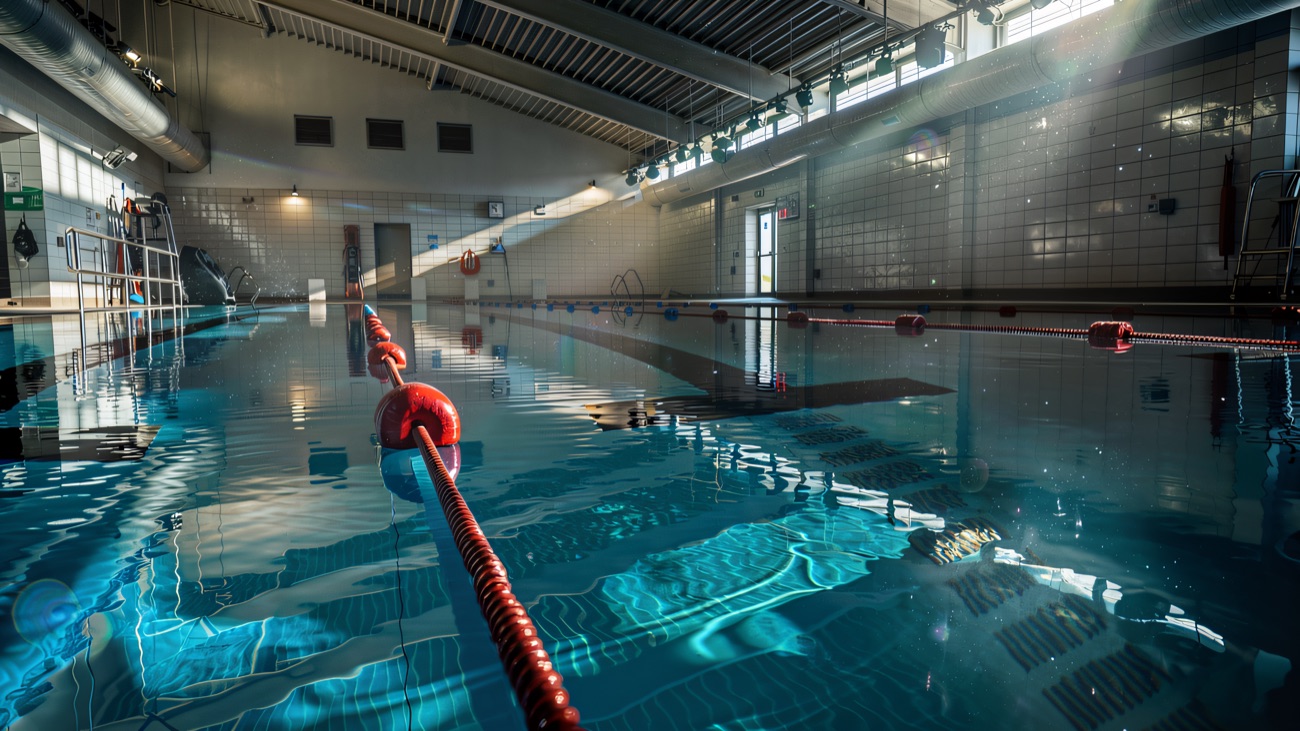 Water-level view across the still pool towards the shallow end