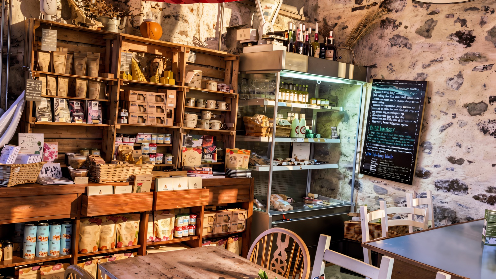 Inside the Broughgammon farm shop and café — a stone barn with wooden shelves of produce, a chalkboard menu and café tables