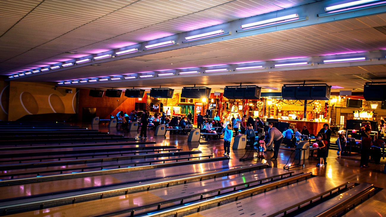 The bowling lanes running the length of the alley