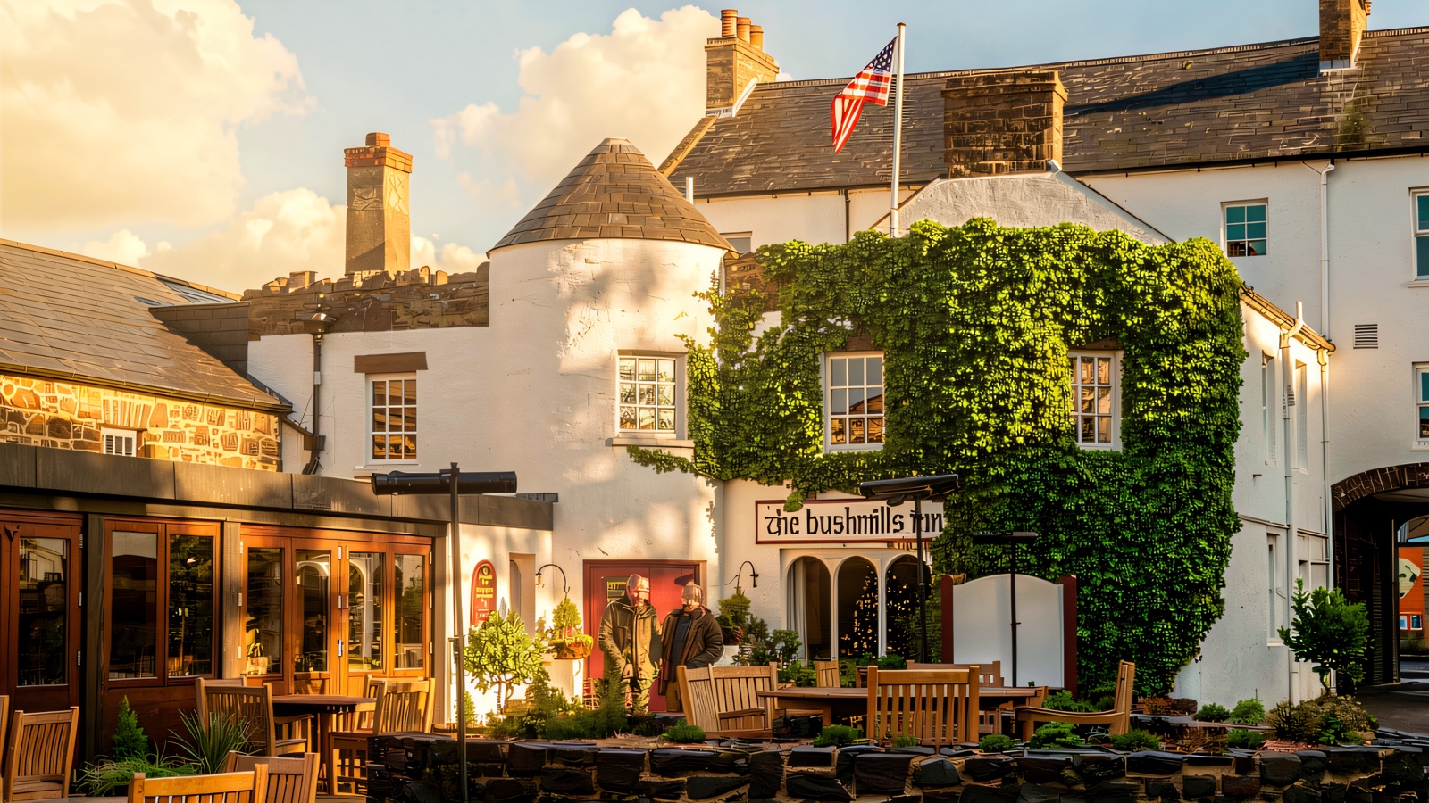 The whitewashed frontage of the Bushmills Inn with its ivy-clad round turret, the inn's sign lit above the door and a courtyard of wooden tables in front