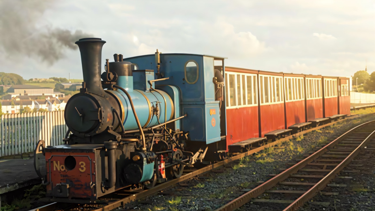 A blue steam locomotive numbered 3 pulling red-and-cream vintage carriages
