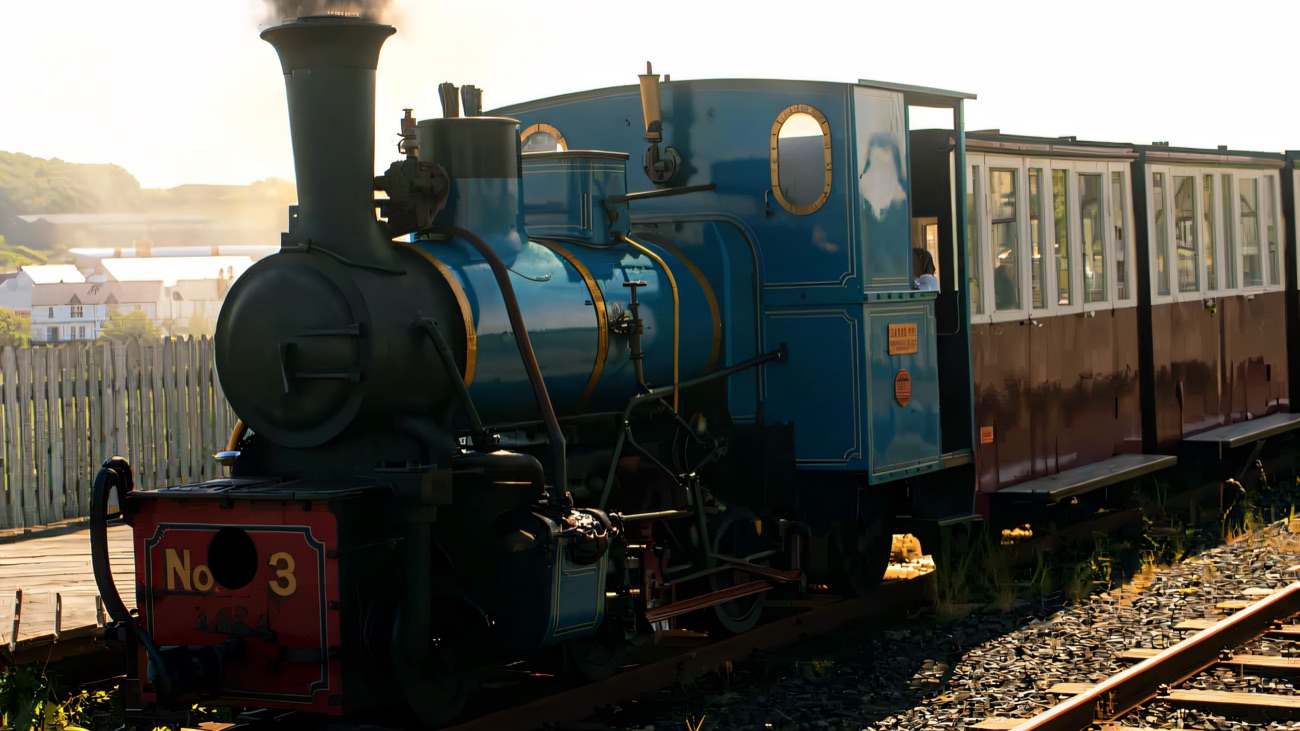 The blue steam locomotive No 3 close up, steaming and backlit