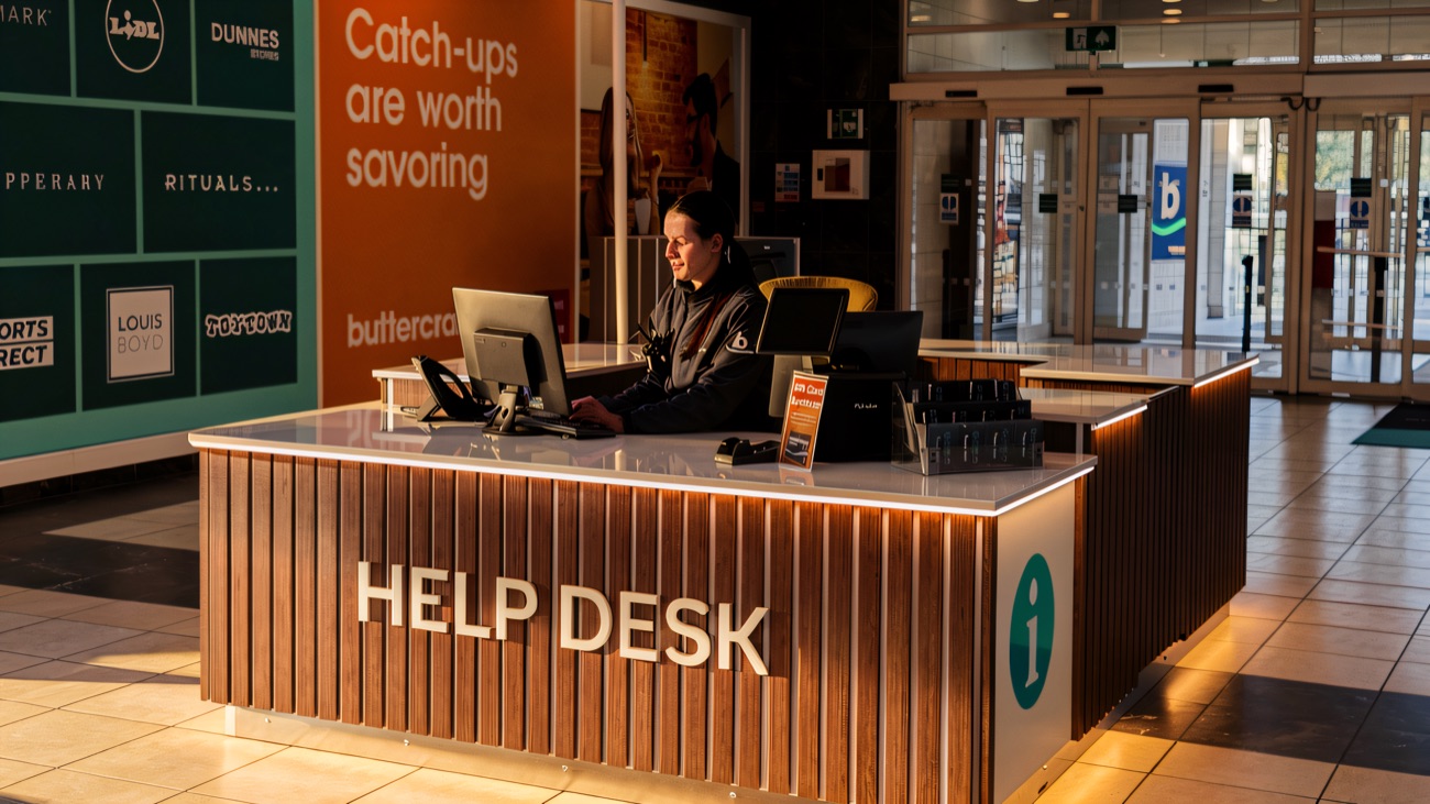 The Help Desk inside the main entrance at Buttercrane Shopping Centre, with the store brand wall behind it