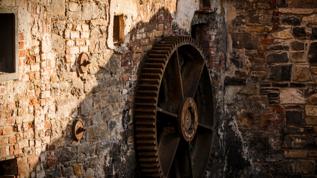 The great iron gear wheel of the old village mill, still fixed to its stone wall.