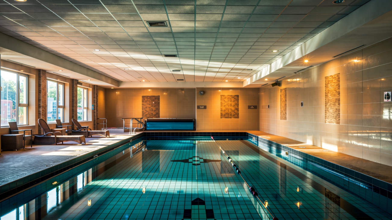 The 20-metre indoor heated pool, quiet and warm, with loungers set along the window wall.