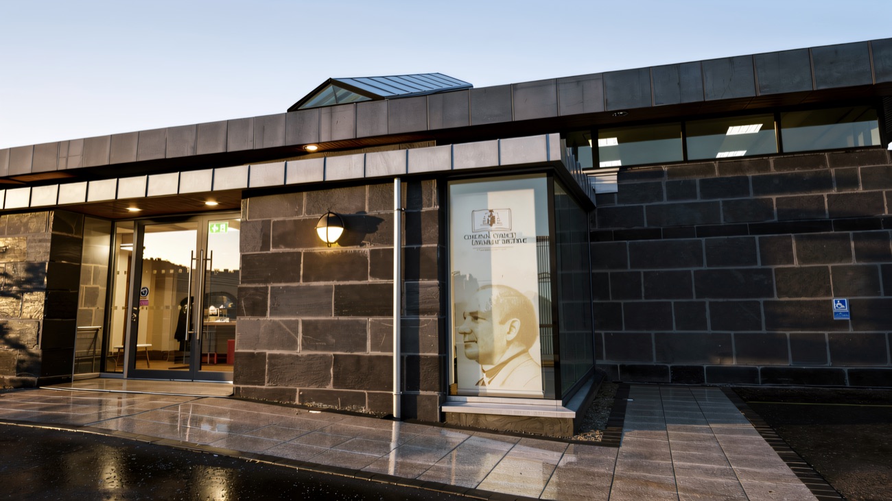 The modern dark-stone library and archive building in Armagh.