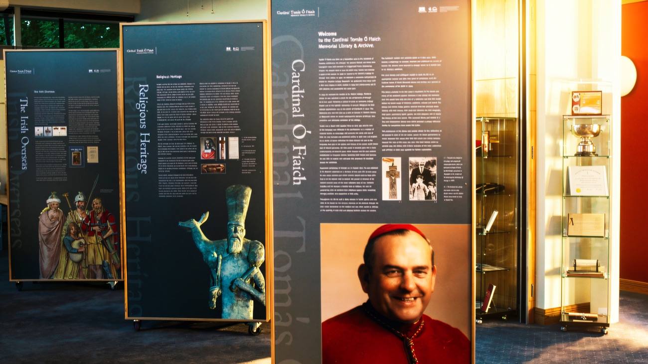 Display panels tracing the Cardinal's life and the Irish overseas story.