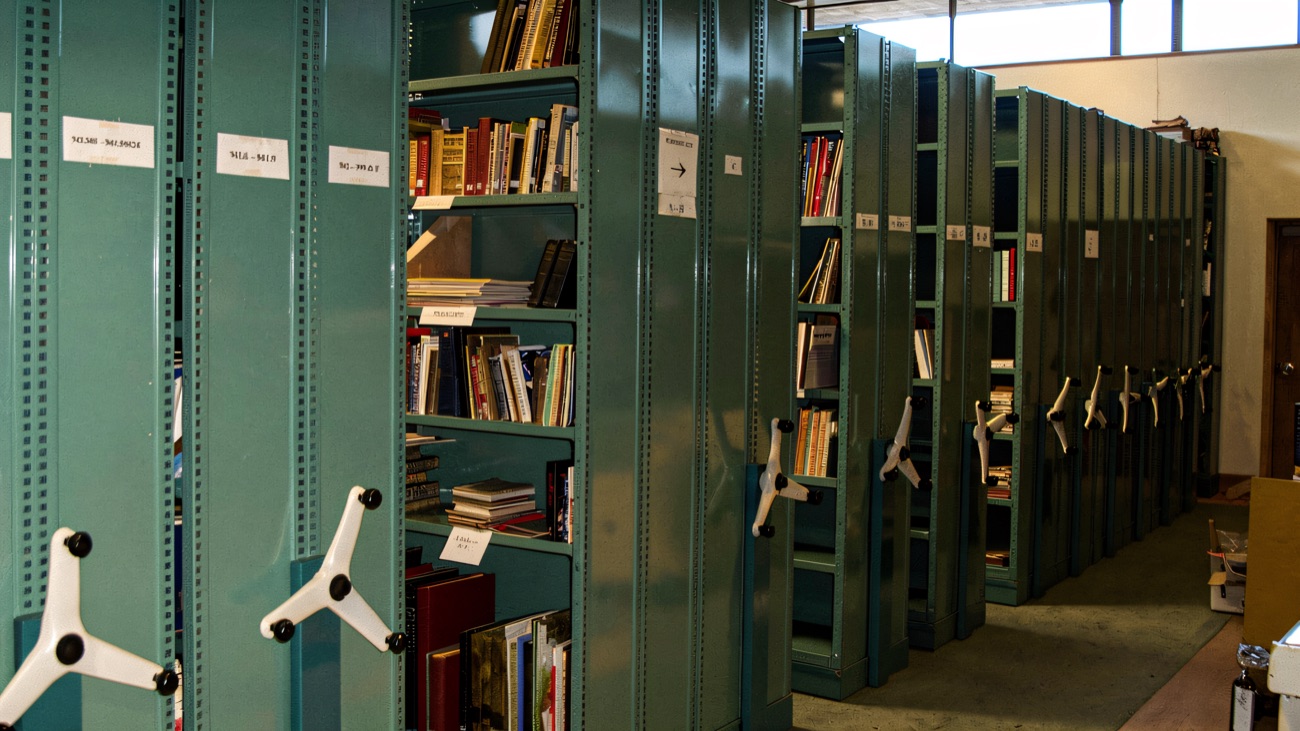 The mobile archive stacks that hold the collection.