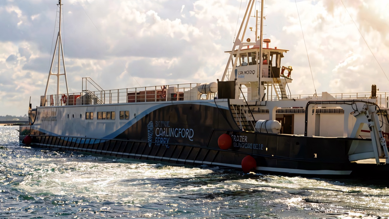 The car ferry berthed at the slipway, ready to load.