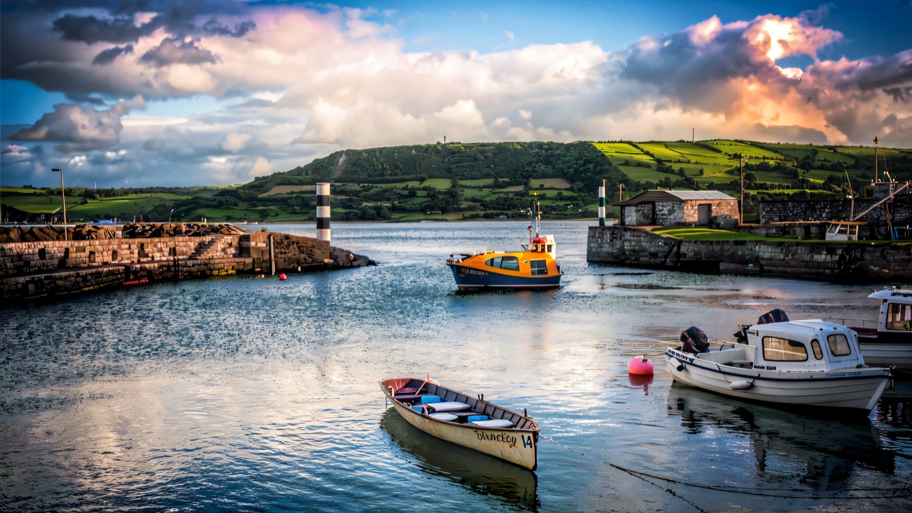 A small boat slipping past the little lighthouse and out of the harbour