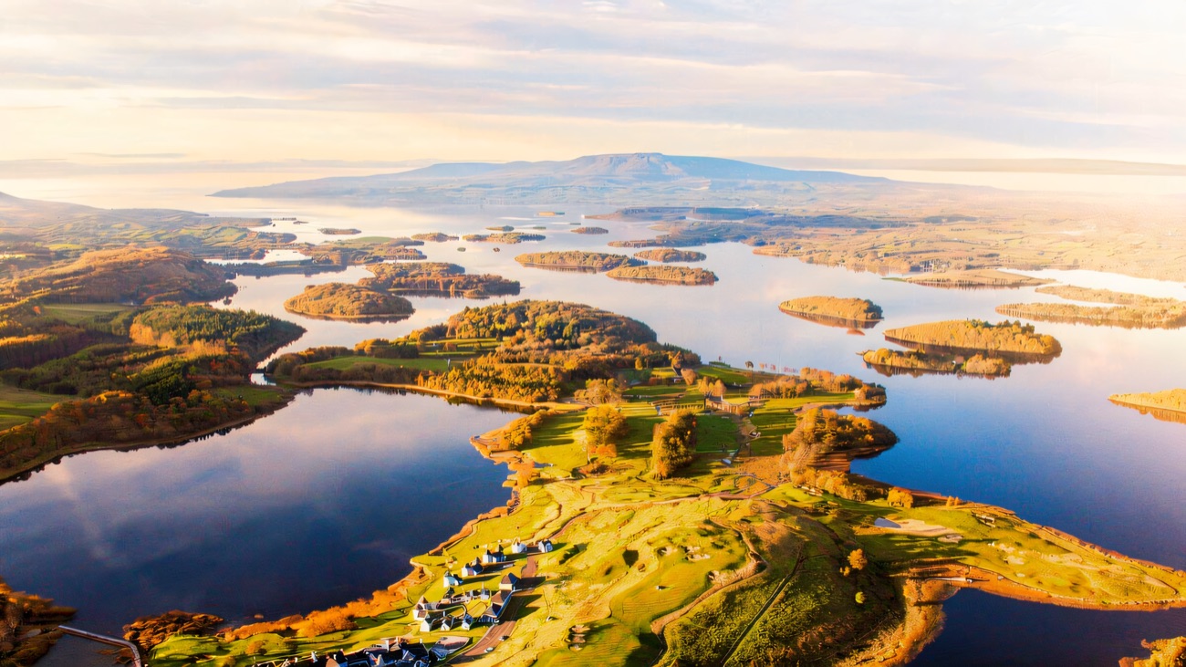 An aerial sweep over Lough Erne's maze of wooded islands and glassy channels