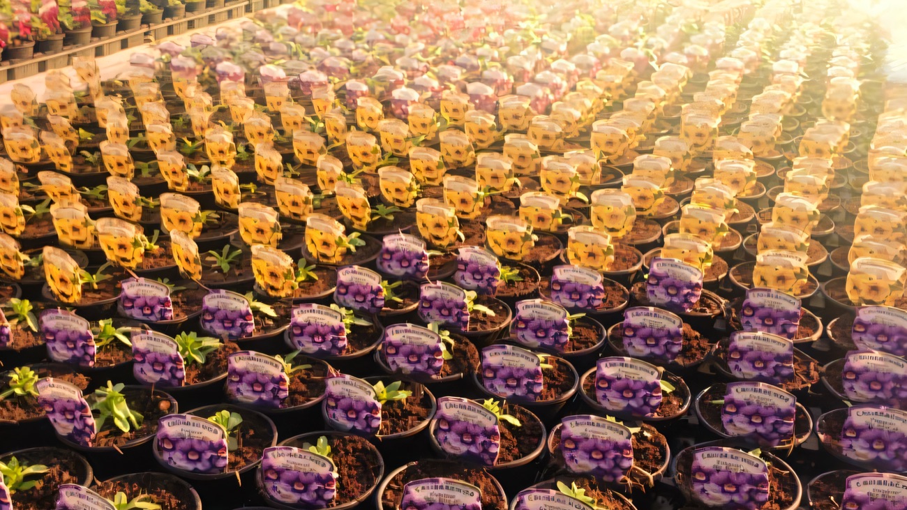 Rows of colourful potted bedding plants filling a polytunnel at the Kilcreggan garden centre