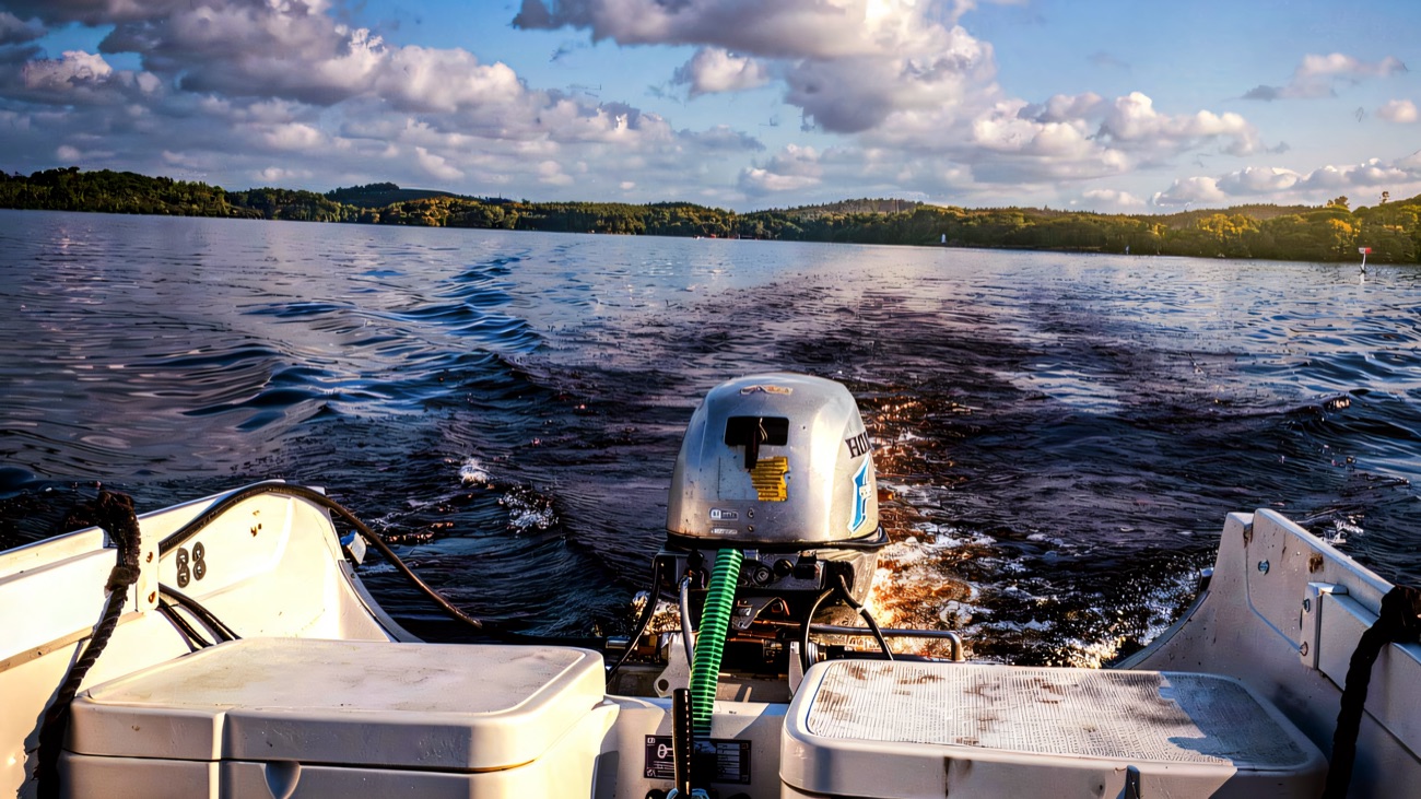 Out on the water, wake trailing across the open lough