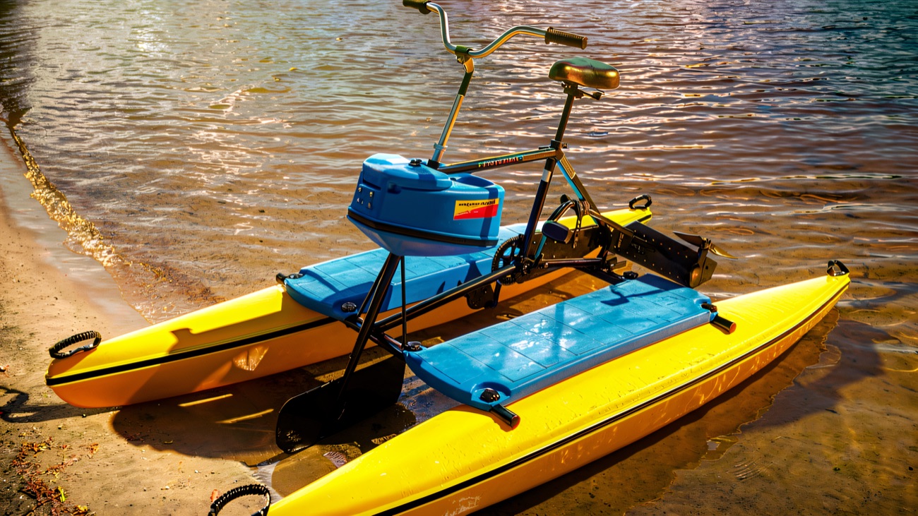 A water bike ready on the shore for a spin round the bay