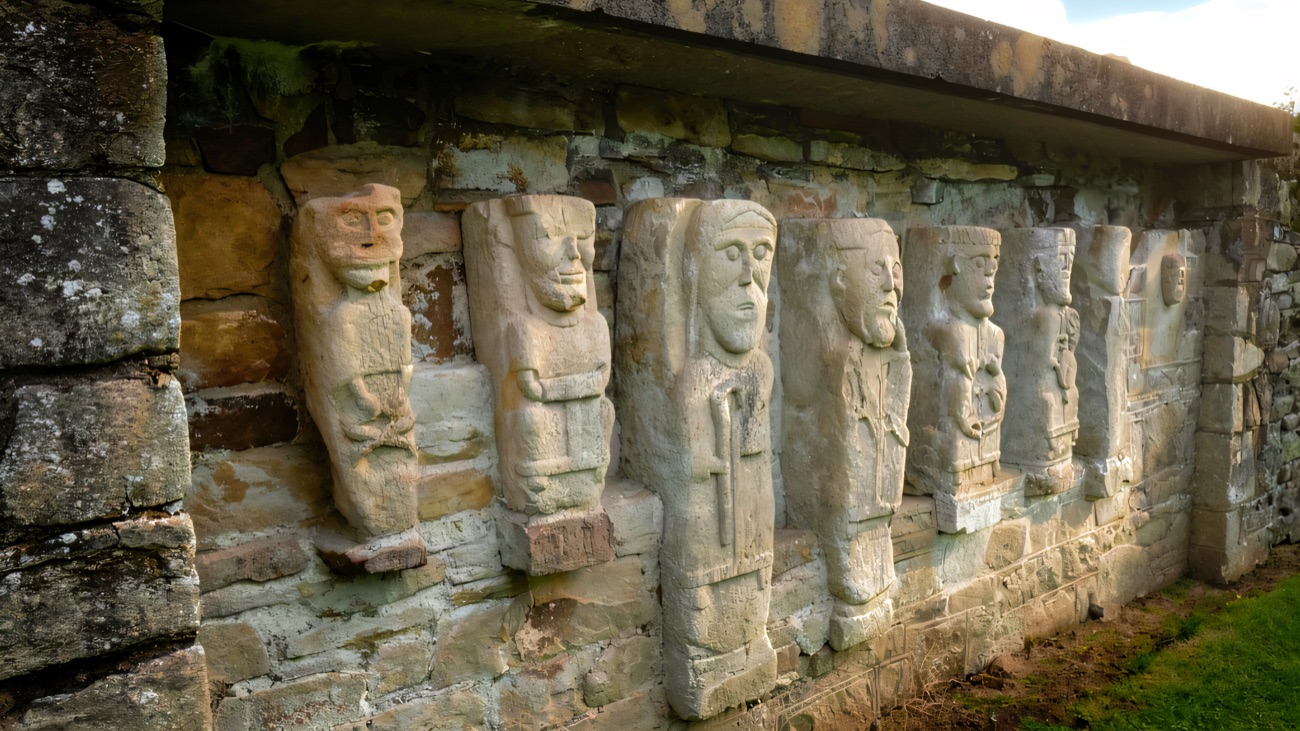 The row of ancient carved stone figures set into the wall of the ruined church on White Island, Lower Lough Erne