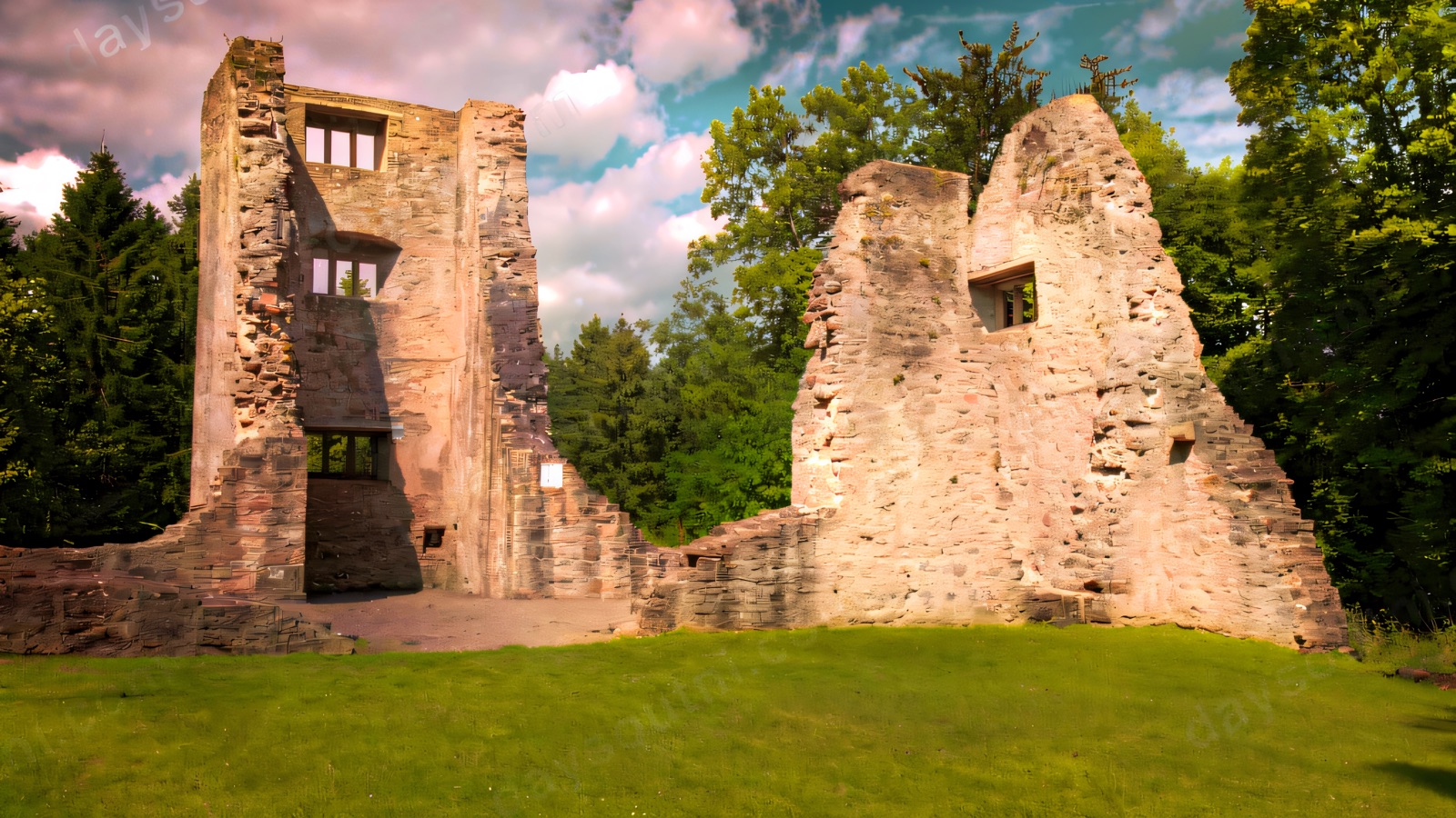 The ruins of Old Castle Archdale, two tall stone gable walls standing on a green lawn edged by tall trees under a blue sky