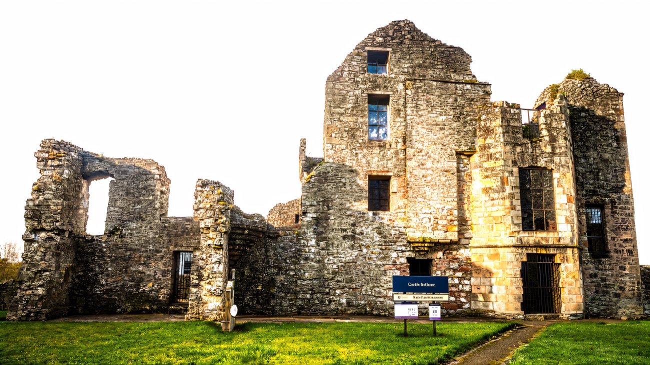The tall ruined facade of Castle Balfour with its empty stone windows and the State Care monument sign at its foot