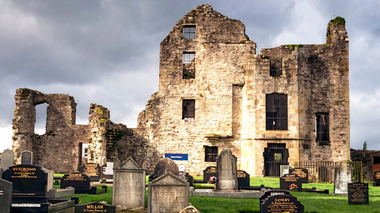 Castle Balfour rising behind the headstones of Holy Trinity churchyard under a moody Fermanagh sky
