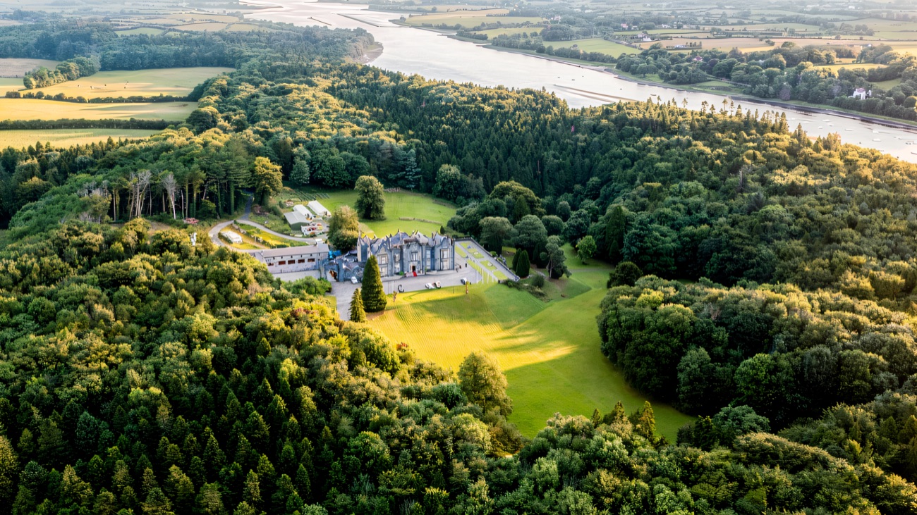 Aerial view of the wooded Castle Caldwell peninsula reaching out into Lower Lough Erne, forest on every side