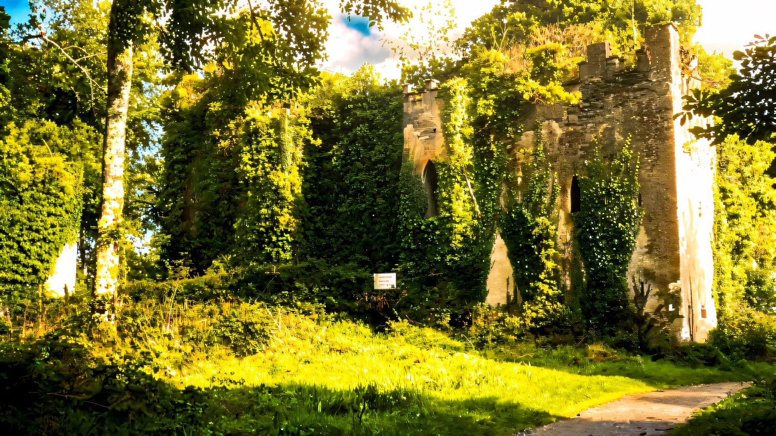 The ivy-clad stone ruins of Castle Caldwell rising among the trees, with a gravel path leading up to them