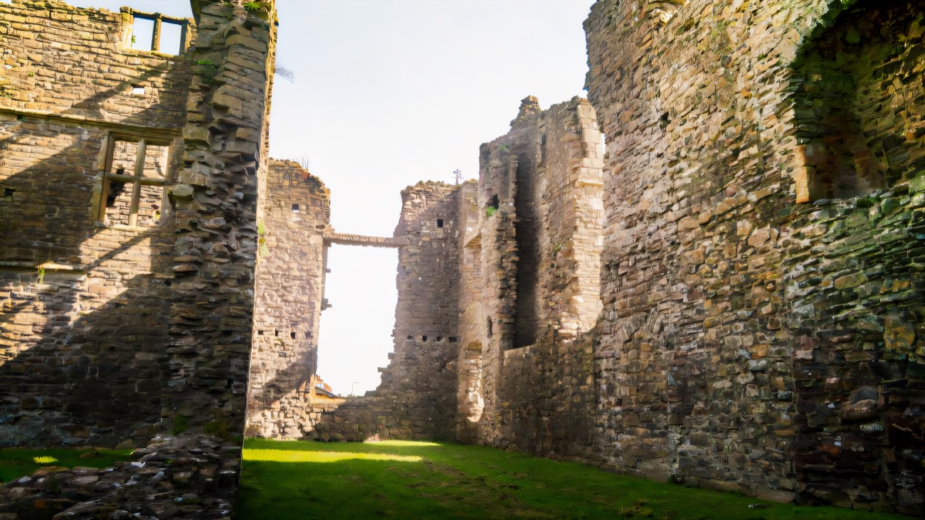 Inside the roofless ranges of Castle Caulfield, tall stone walls with window openings and a grass floor between them