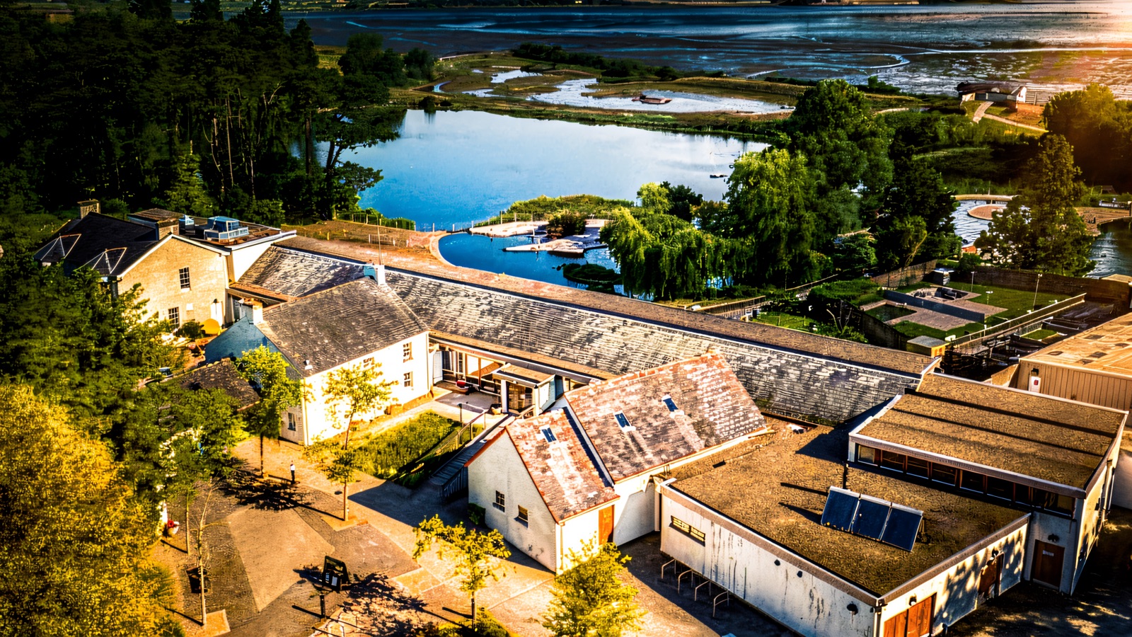 Aerial view of Castle Espie's visitor centre buildings and wetland ponds beside the mudflats of Strangford Lough