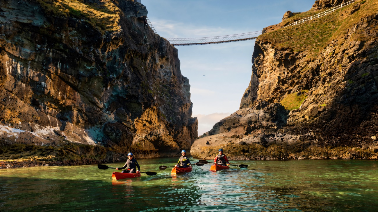 Red kayaks gliding beneath the Carrick-a-Rede rope bridge on turquoise water