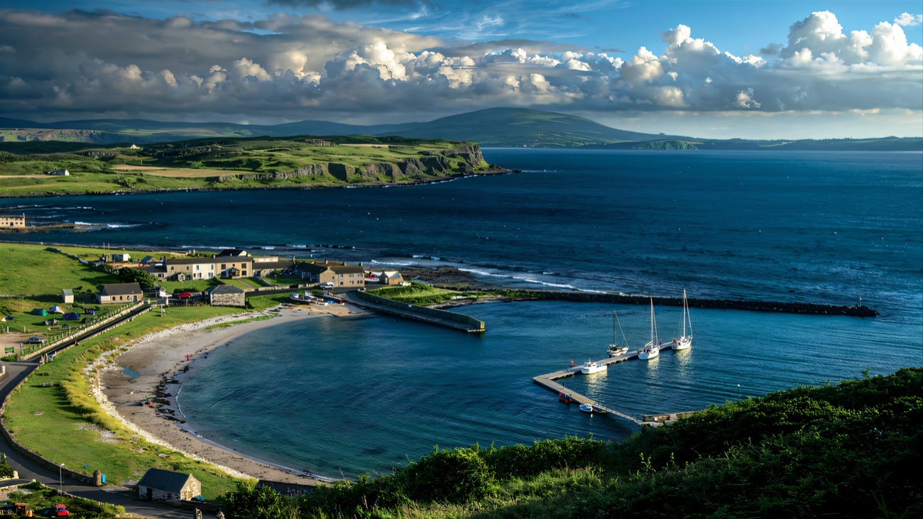 A sheltered coastal harbour where the boats set out along the Causeway coast