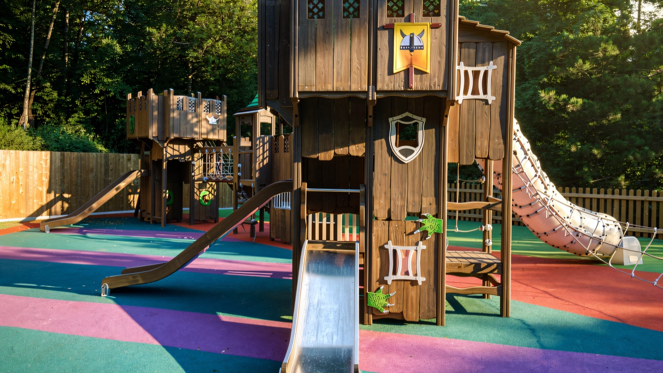 The brown play fort with its slides and climbing frames ready for action