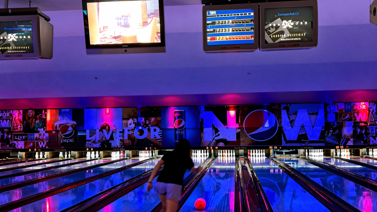 Cosmic bowling under blue disco lighting on the Centrepoint lanes