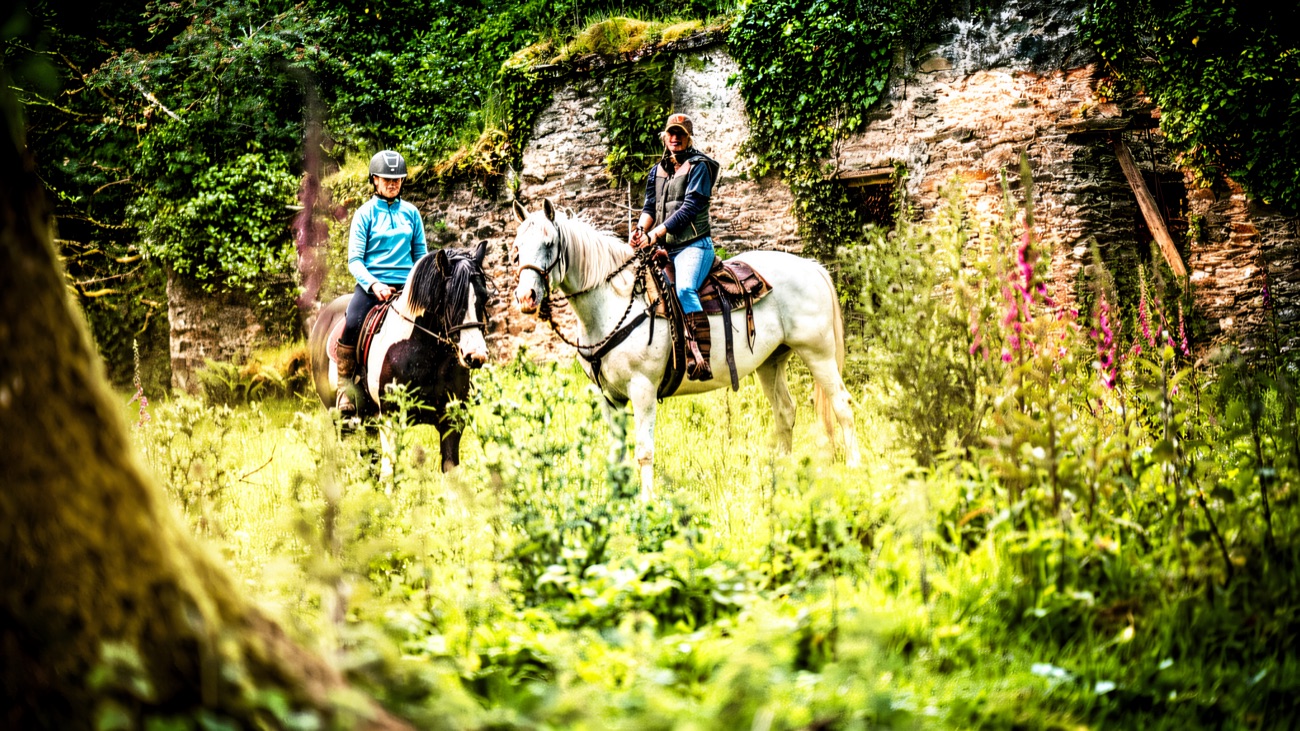 Riders pausing beside an ivy-covered stone ruin on a summer hack