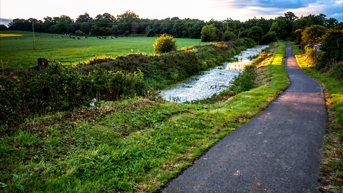 The smooth towpath winding through open countryside past grazing fields